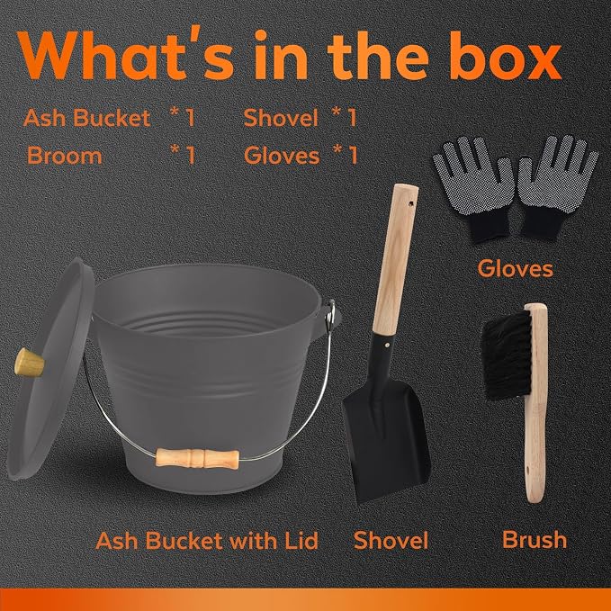 Small Ash Bucket with Lid and Shovel, Metal Fireplace Ash Bucket with Broom - Image 3