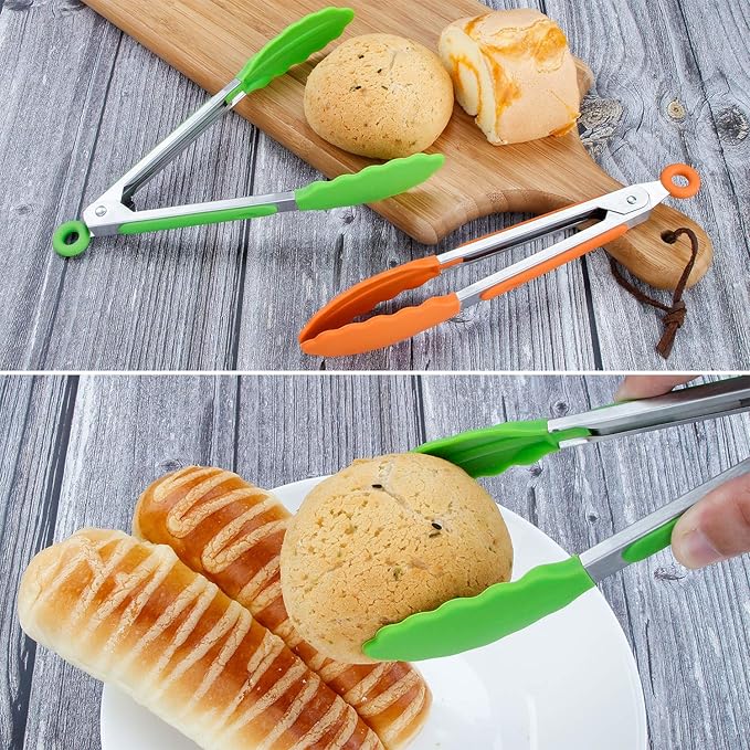 Serving Tongs Set of 3, 7-Inch Silicone Head Stainless Steel, Green