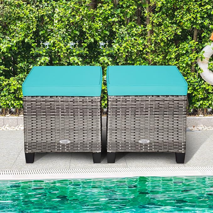 Tangkula 2 Pieces Patio Rattan Ottomans, Outdoor Wicker Footstool Footrest Seat - Image 4