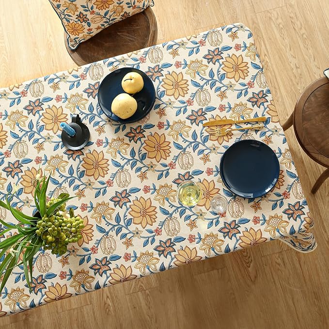 ISAENNE Designer Bohemian Floral Rectangular Tablecloth, Linen Colorful Table - Image 6