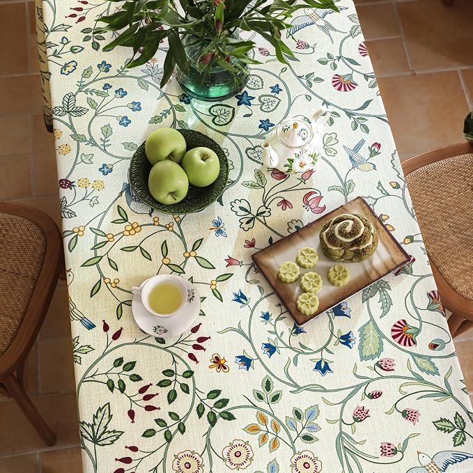Linen Table Cloth Rectangle, Wrinkle Resistant French White and Green - Image 3