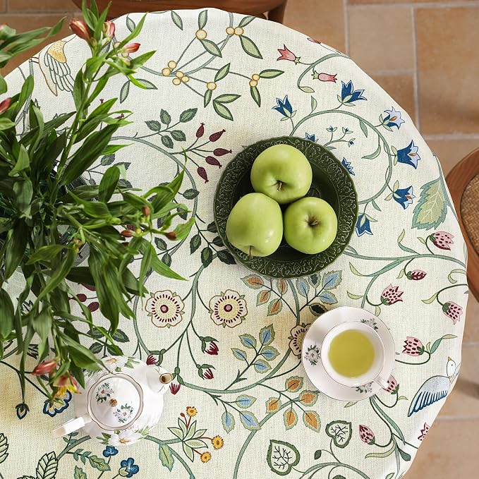 Linen 67 Inch Round Tablecloth, Wrinkle Resistant French White and Green - Image 3