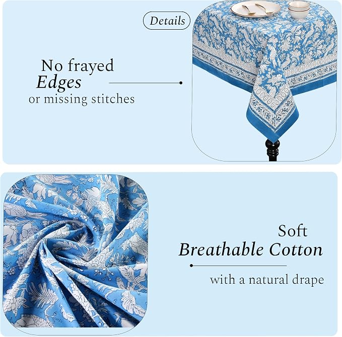 CPC Blue Sapphire 60X60 Inch Square Tablecloth Cotton Indian Block Print - Image 4