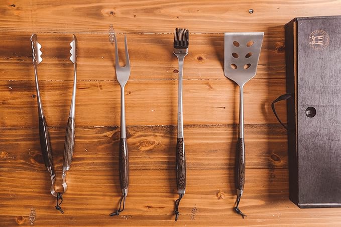Barbecue Tool Set, 4-Piece Stainless Steel with Wood Storage Block
