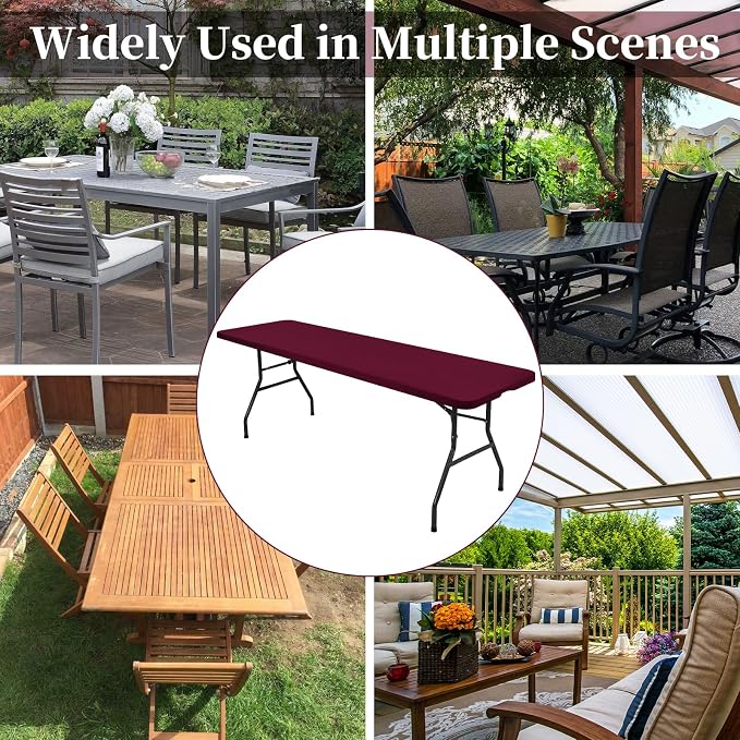 10 Pack Fitted Tablecloth for 8 Foot Rectangle Tables, Wine Red Elastic Outdoor - Image 4