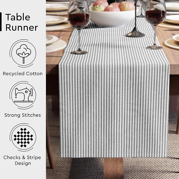 Encasa XO Cotton Dining Table Runner | Ticking Black | Size 13x59 in - Image 3