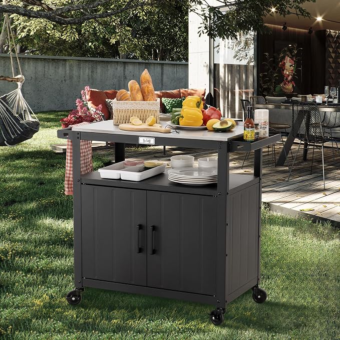 Outdoor Grill Cart with Stainless Steel Tabletop and Storage Cabinet, Movable - Image 7