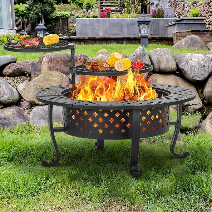 42 Inch Fire Pit with 2 BBQ Grills, Wood Burning Fire Pits - Image 2