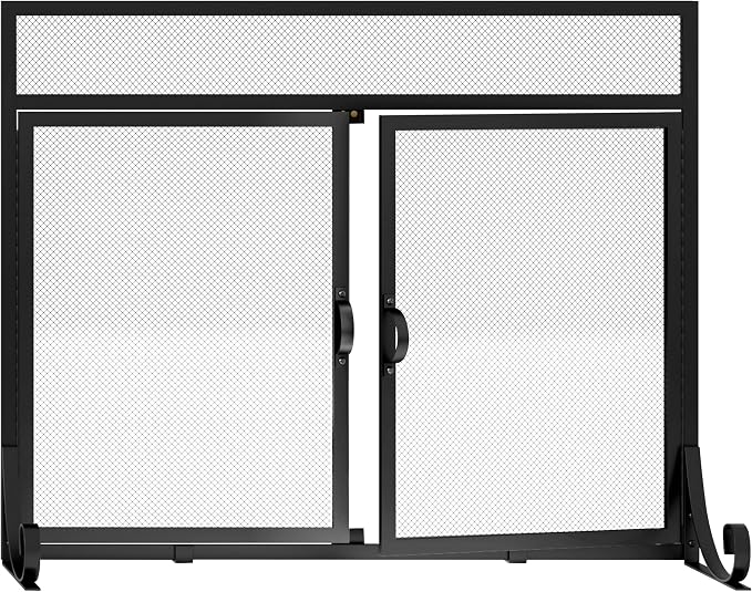 Flat Fireplace Screen with Doors, Solid Wrought Iron Frame with Metal Mesh - Image 7