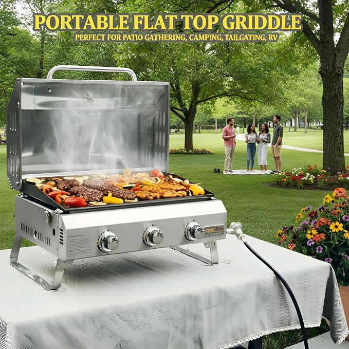 Tabletop Gas Griddle with Foldable Legs, Portable 3-Burner Propane Gas Grill - Image 14