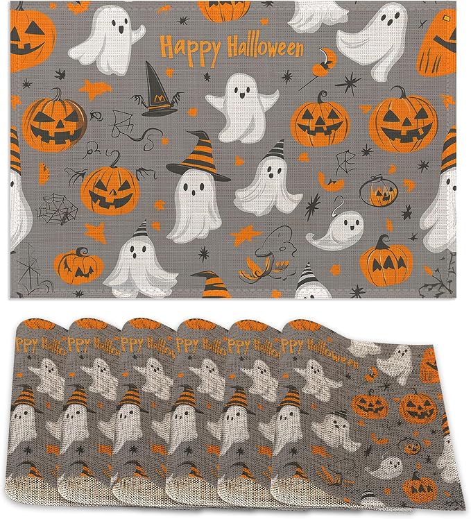 Placemats Set of 6, Pumpking Ghost Table Mats, Halloween Washable Linen Table by ZTHLL