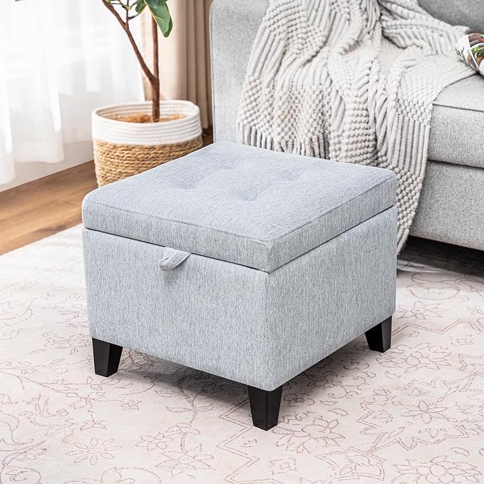 Adeco 18 Inch High Cube Ottoman Storage, Linen Chair Foot Stools, Upholstered - Image 2