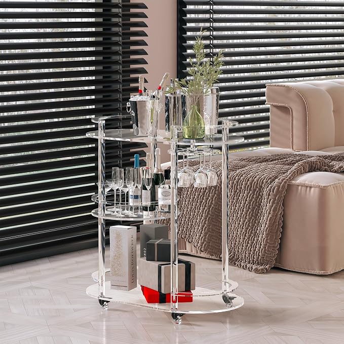 Dethan Acrylic Bar Cart with 4 Lockable Wheels, Oval Modern Home Beverage - Image 2