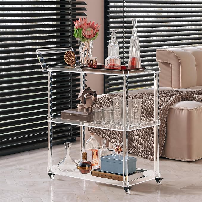 Dethan Acrylic Bar Cart with Lockable Wheels, Rolling Serving Cart with Pulling - Image 6