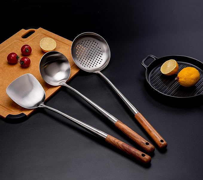 FJNATINH Wok Spatula and Ladle, Skimmer Ladle Tool Set, 17inches Spatula - Image 2