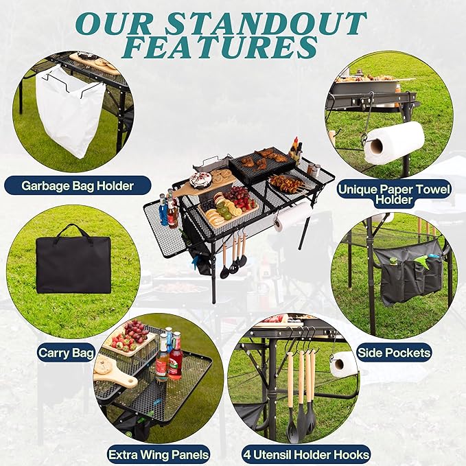 Folding Table w/ Carry Bag, Paper Towel Holder, Garbage Holder, Wing Panels - Image 3