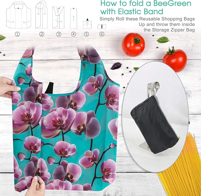 BeeGreen 12 Packs Flower Reusable Grocery Bags Reusable Tote Bags Extra Large - Image 3