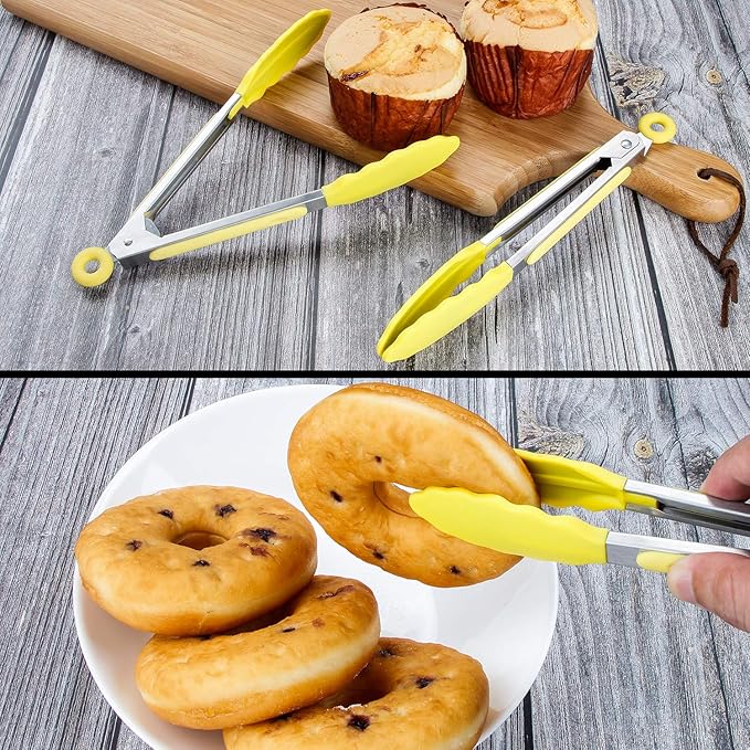 Serving Tongs 3-Pack, 7-Inch Yellow Silicone-Tip Set with Locking Ring
