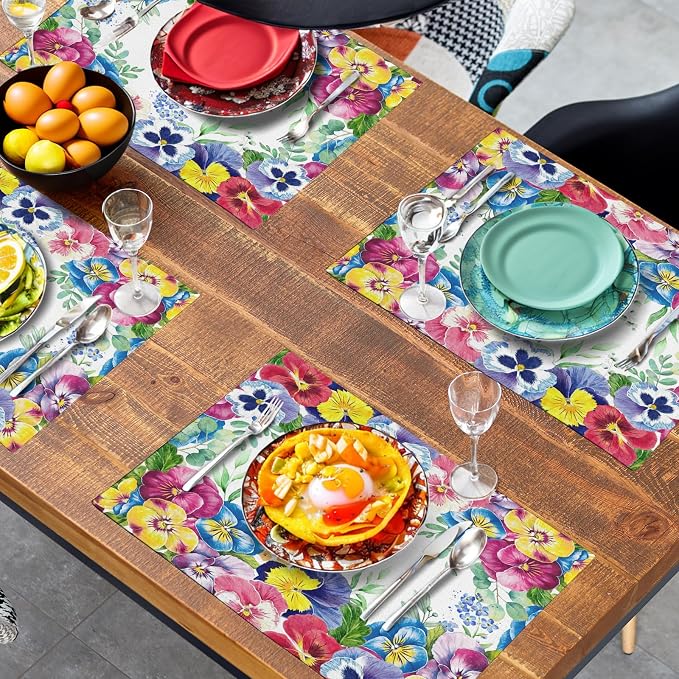 Watercolor Flowers Placemats Set of 4 Spring Summer Floral Butterfly Linen - Image 7