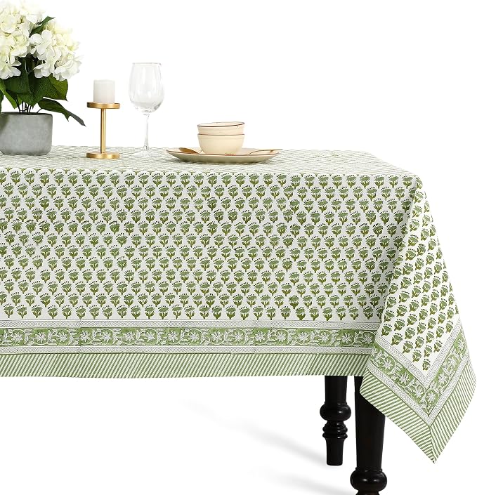CPC Emerald Green Floral Hand Block Printed 100% Cotton Tablecloth 60x108 by COTTONPRINTCLUB