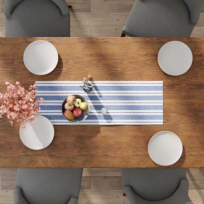 Encasa XO Cotton Dining Table Runner | Franca Blue Stripes | Size 13x36 in - Image 4