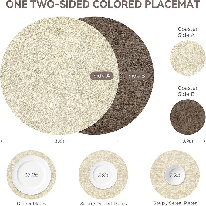 13" Round Placemats Set of 6, NCUE Dual-Sided Faux Leather Heat Resistant Table - Image 4
