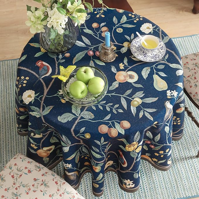 Linen 55 Inch Round Tablecloth, Wrinkle Resistant French Blue Tablecloth Print - Image 3