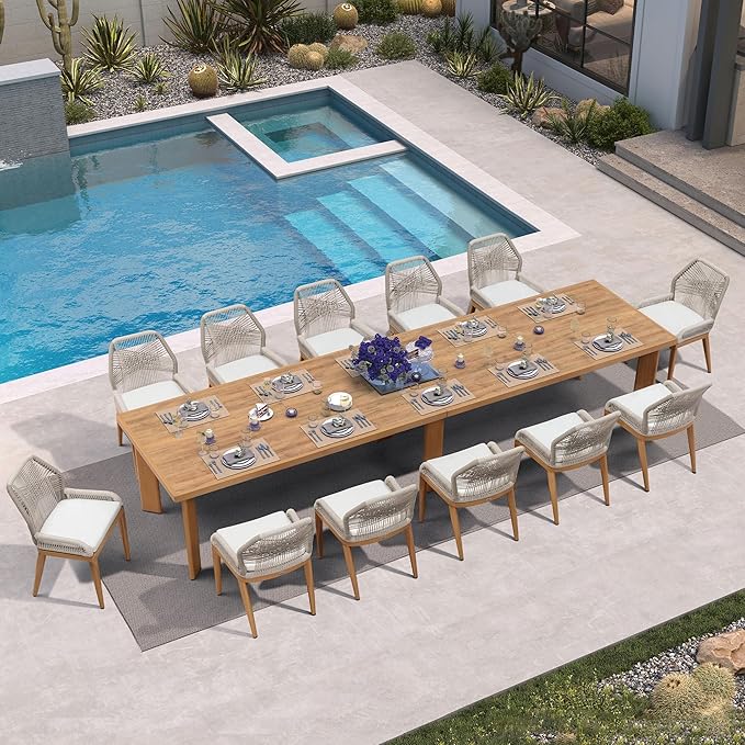 PURPLE LEAF 13 Pieces Patio Dining Set Aluminum Rectangular Table and Wicker by PURPLELEAF