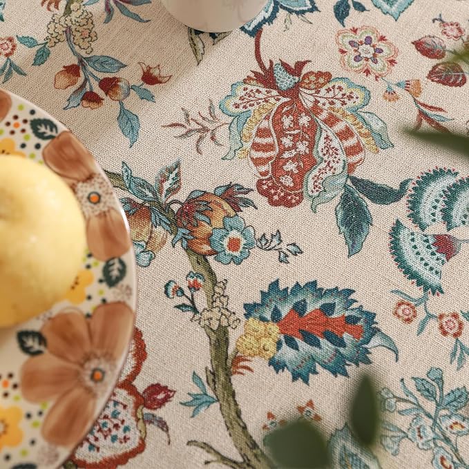 Designer Linen Round Tablecloth, Vintage Indian Style Wrinkle Free Block Print - Image 6