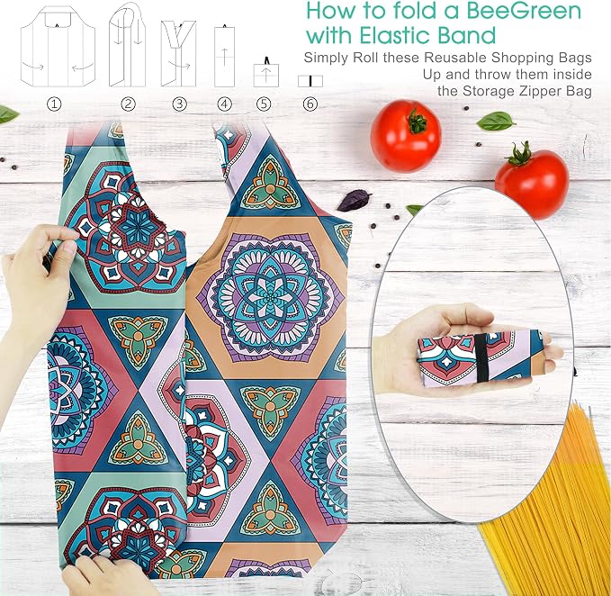 BeeGreen Boho Gifts for Women Geometric Reusable Grocery Bags Mandala Shopping - Image 3