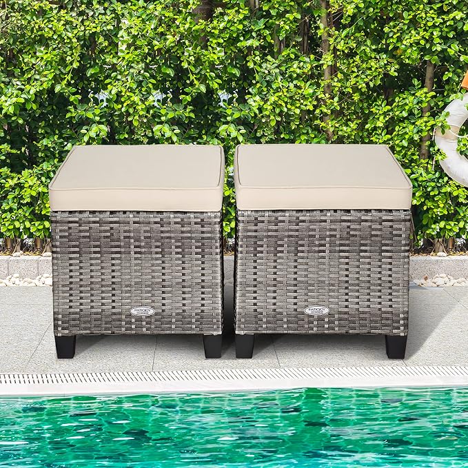 Tangkula 2 Pieces Patio Rattan Ottomans, Outdoor Wicker Footstool Footrest Seat - Image 4