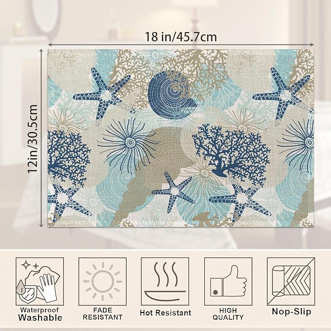 Ocean Coral Placemats Set of 6, Shells Algae Reefs Table Mats Non-Slip Heat - Image 2
