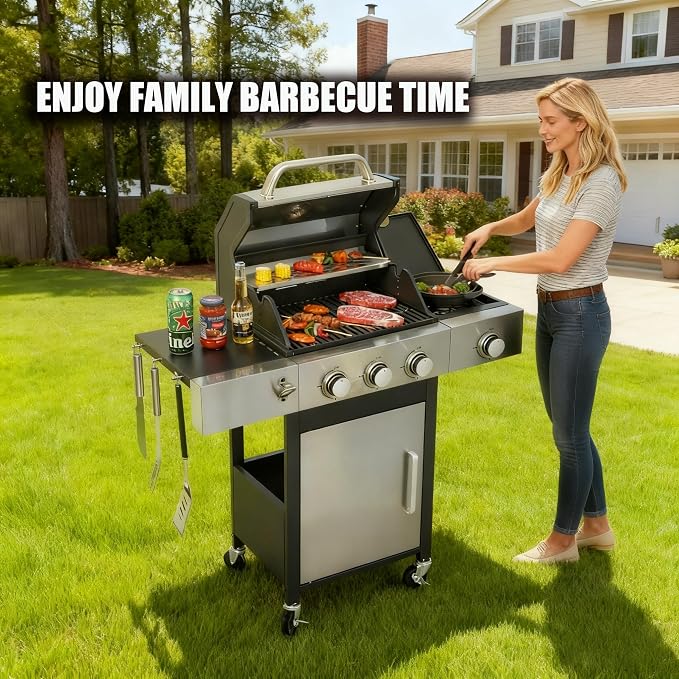 3-Burner Gas Grill with Side Burner, 37230 BTU Outdoor BBQ, Large Cooking Area - Image 4