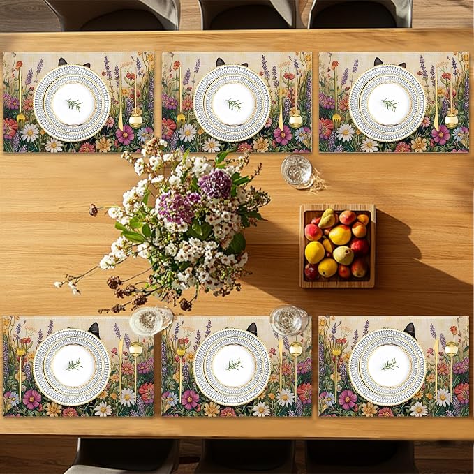 Black Cat Placemats Set of 6, Color Flower Waterproof Non-Slip Washable Table - Image 7