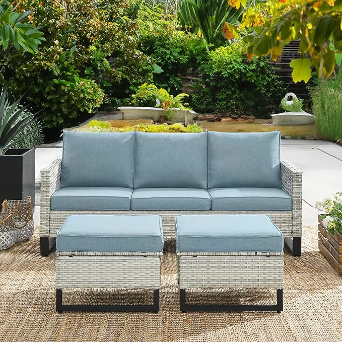 HUMMUH Outdoor Ottomans for Patio Set of 2 PE Wicker Outdoor Footstool - Image 5