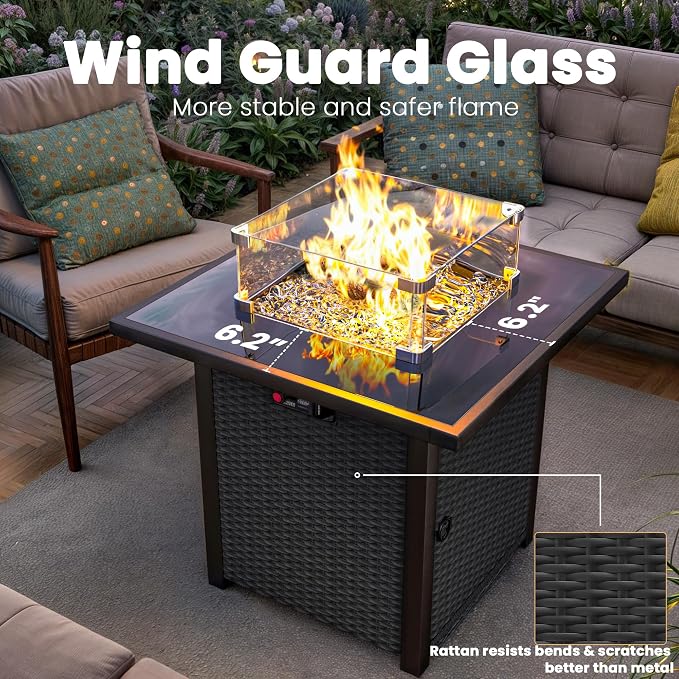 Propane Outdoor Fire Pit Table, Outdoor Gas FirePit W/Glass Wind Guard - Image 2