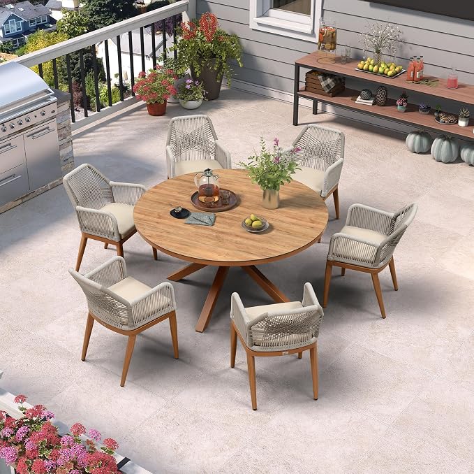 PURPLE LEAF 7 Pieces Patio Round Dining Set Aluminum Round Table and Rattan Arm - Image 2