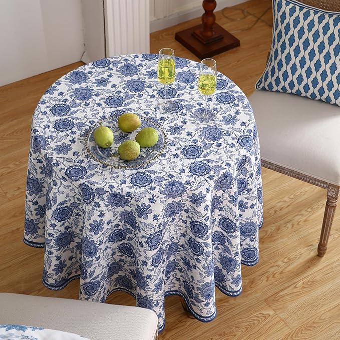 patdrea Designer Vintage French Round Table Cloth, Linen Durable Blue Paisley - Image 4