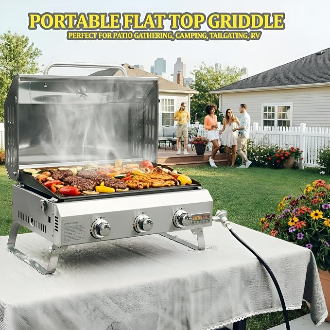Tabletop Gas Griddle with Foldable Legs, Portable 3-Burner Propane Gas Grill - Image 7