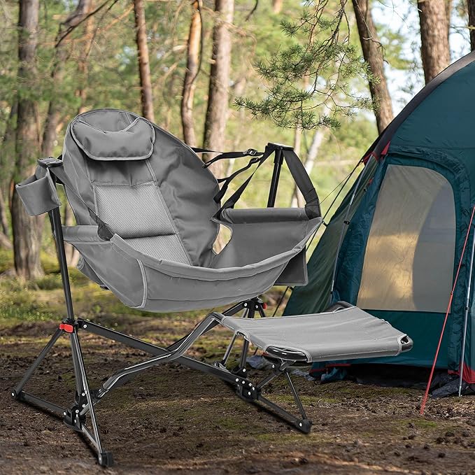 Camping Chair with Adjustable Recline and Detachable Footrest, Dark Grey