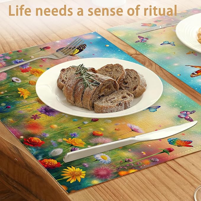 Placemats Set of 6, Colorful Butterfly Table Mats, Flowers Washable Linen Table - Image 2