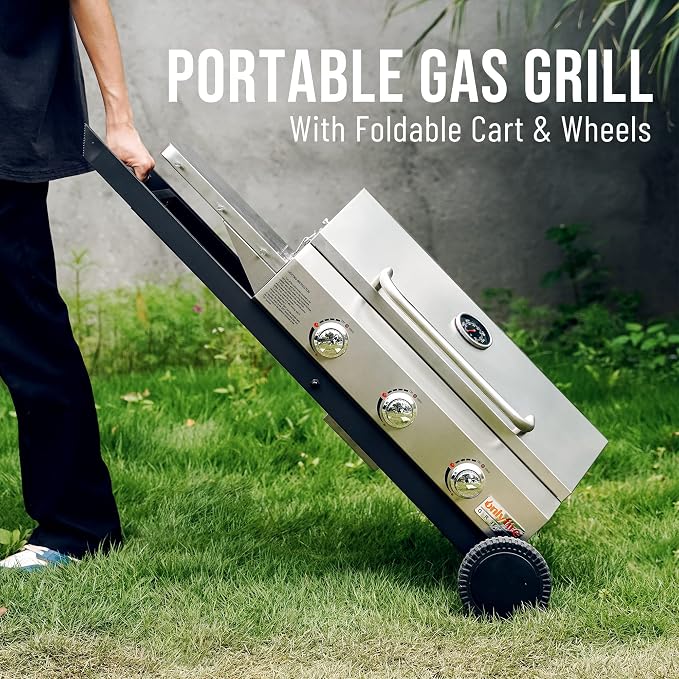 BBQ Gas Grill 3-Burner with Foldable Cart & Side Table, Portable Propane Grill - Image 7