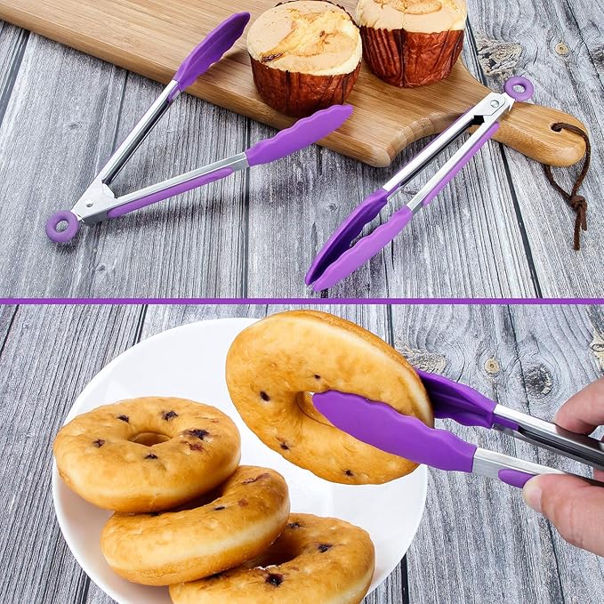 Tongs, 7 Inch Mini Stainless Steel Serving Tongs with Silicone Heads, Purple