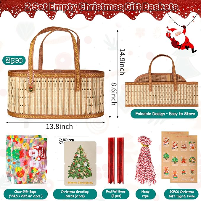 2 Set Baskets for Gifts Empty, Large Bamboo Christmas Gift Baskets - Image 3