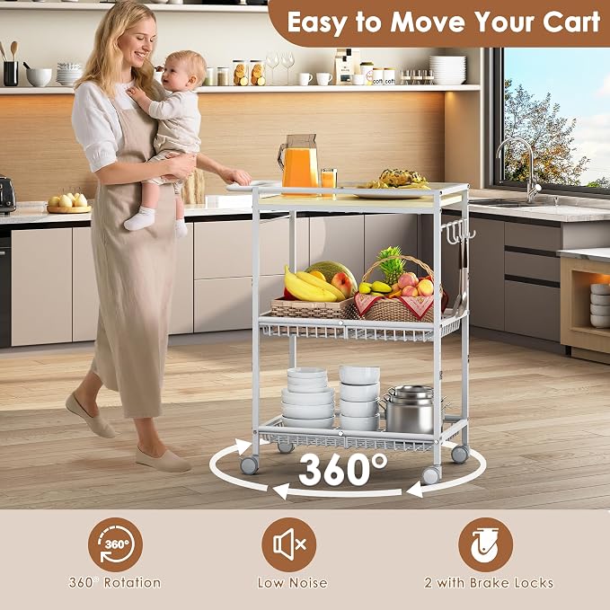 Microwave Kitchen Cart with 2 Lockable Wheels, 3 Tier Rolling Cart with 160Lbs - Image 2
