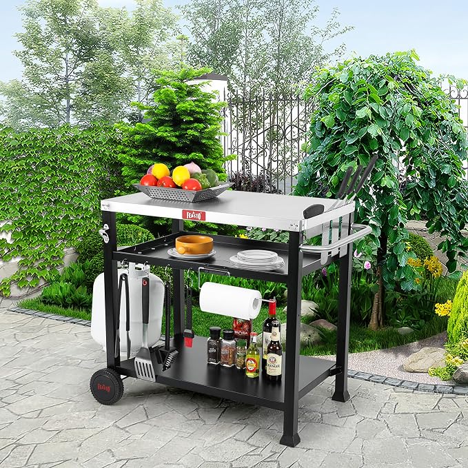 Three-Shelf Movable Food Prep and Work Cart Table, Home and Outdoor - Image 5