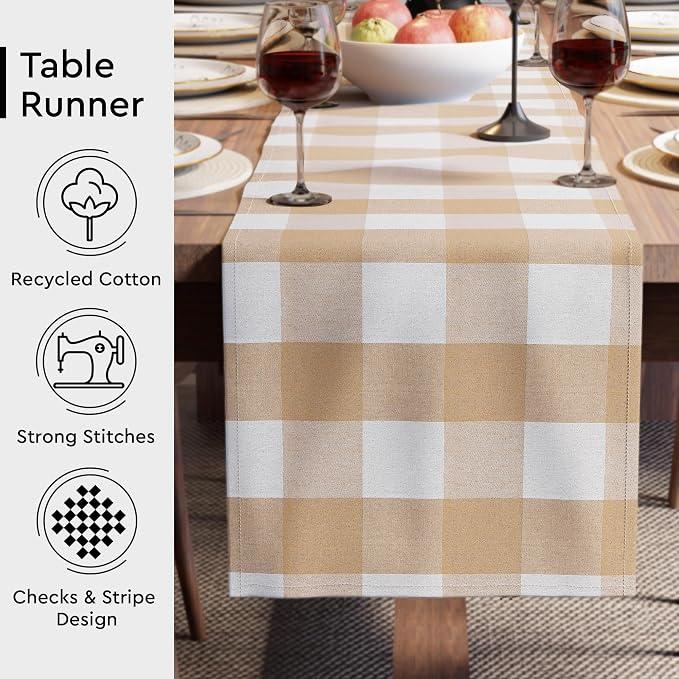 Encasa XO Cotton Dining Table Runner | Buffalo Beige Checks | Size 13x72 in - Image 3