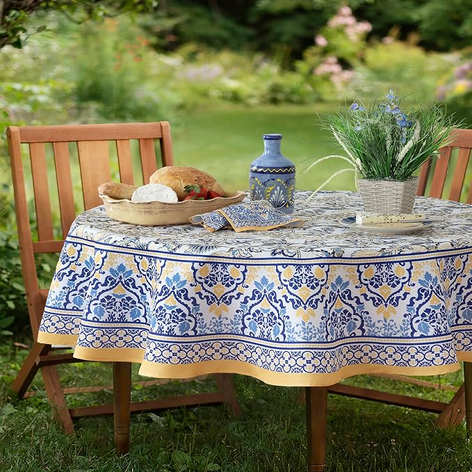 Home Bargains Plus Oval Fabric Tablecloth, 60 x 84 Inch, Allure Yellow and Blue - Image 2