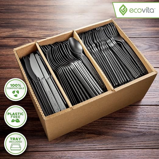 Ecovita 100% Compostable Forks Spoons Knives Cutlery Combo Set - Image 2