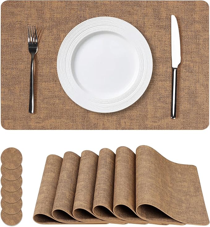 Vinyl Placemats Set of 6, Faux Leather Waterproof and Heat Resistant Place Mats by NCUE